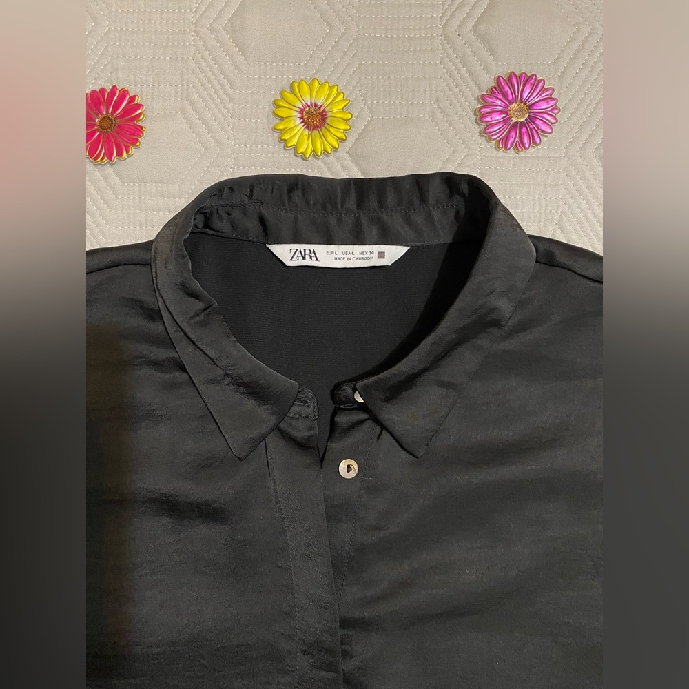 Zara Satin Black Button Down Shirt Womens Size L - Picture 3 of 10